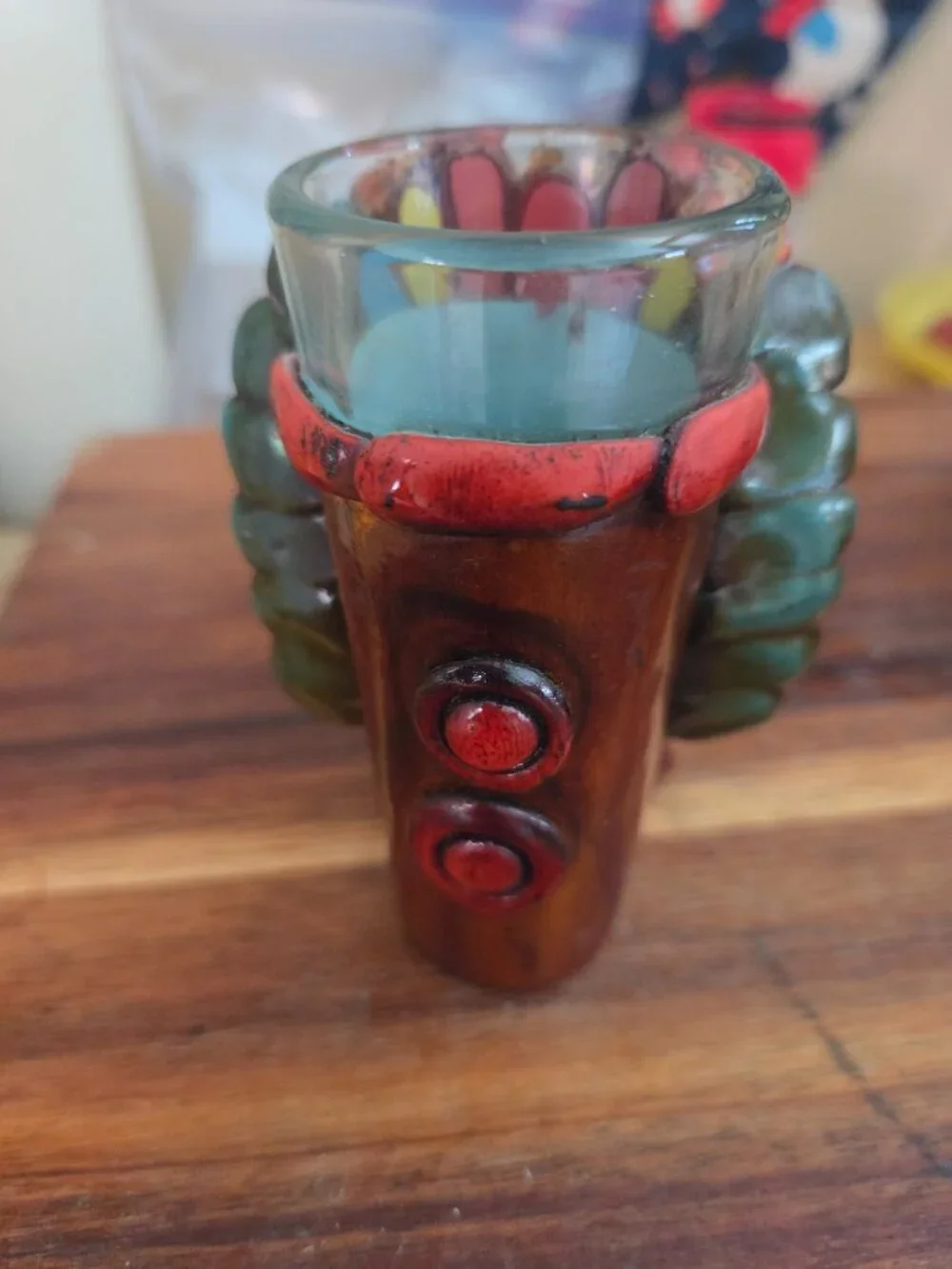 aztec or mayan mexican warrior shotglass resin feathered headress